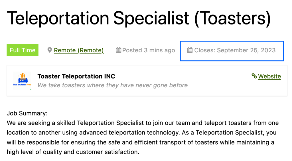 Screenshot of job listing that show the closing date field.