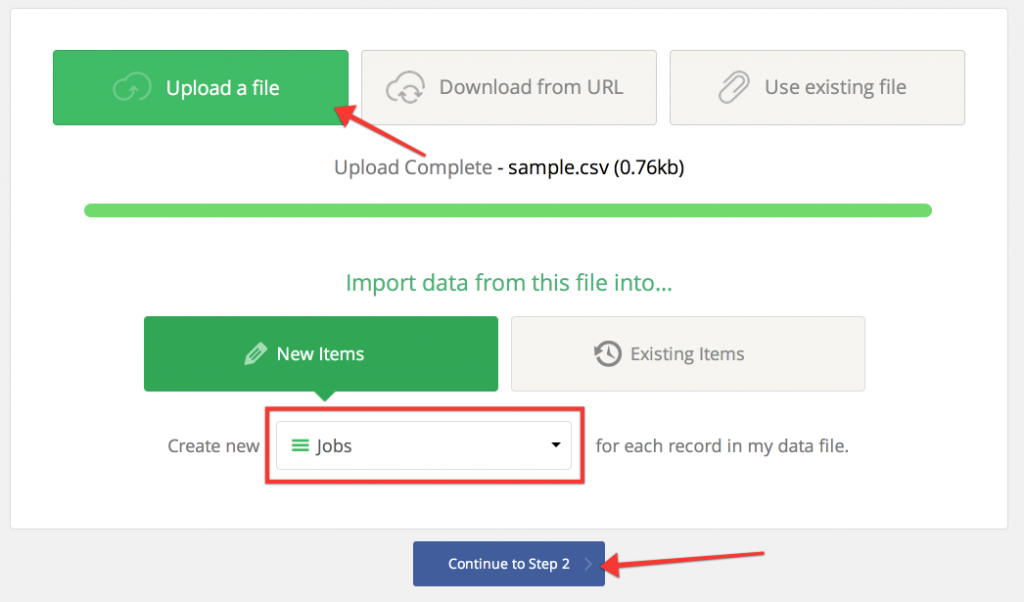 Choose your file, select jobs, and continue