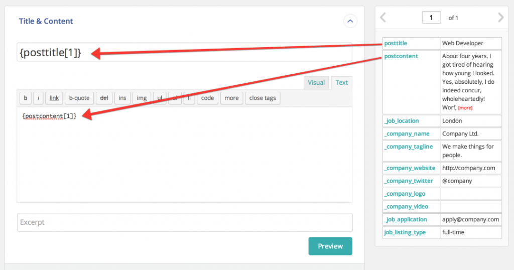 Post Title and Content maps to your Job Title and Description