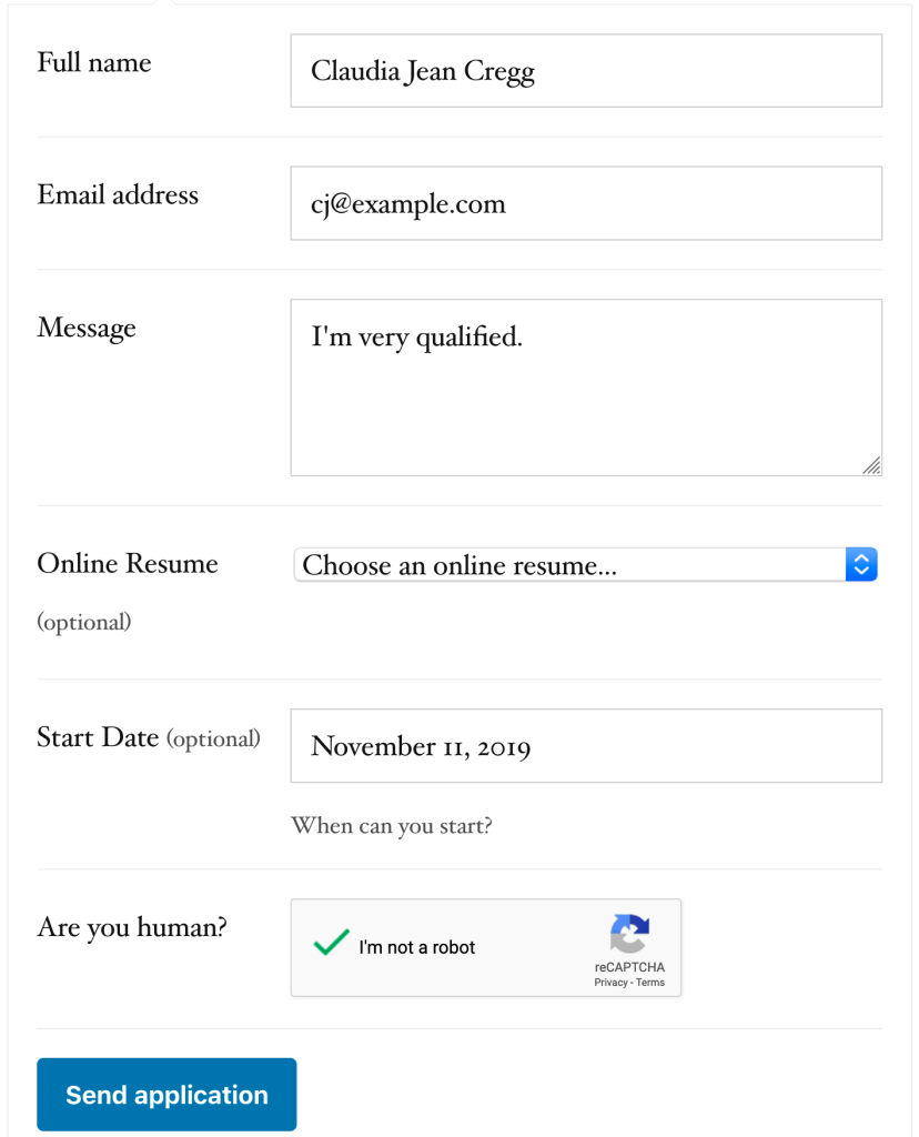 The job application form with a new date field and reCAPTCHA