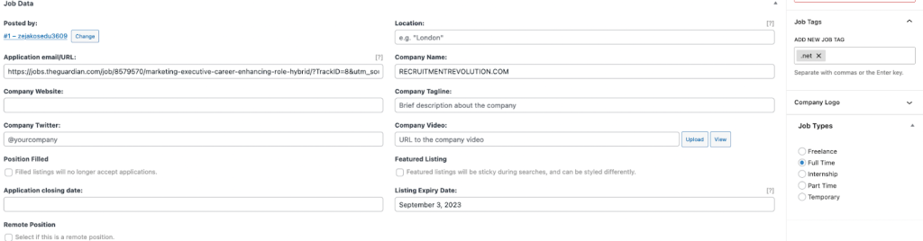 Adding job data for a listing with WP Job Manager